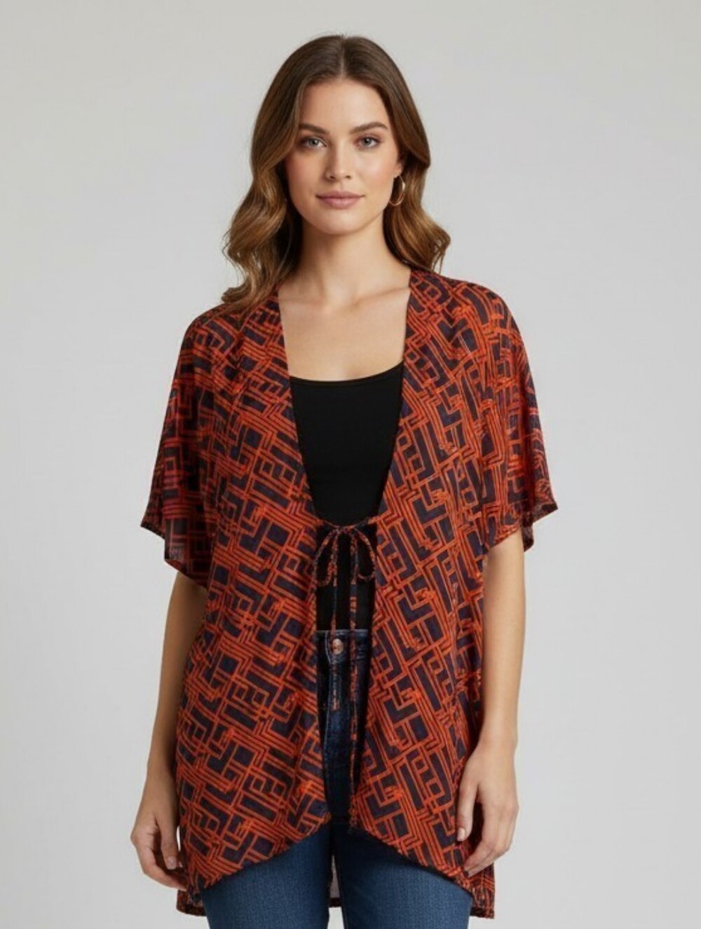 Fever Orange & Navy Geometric Tie-Front Kimono Cardigan